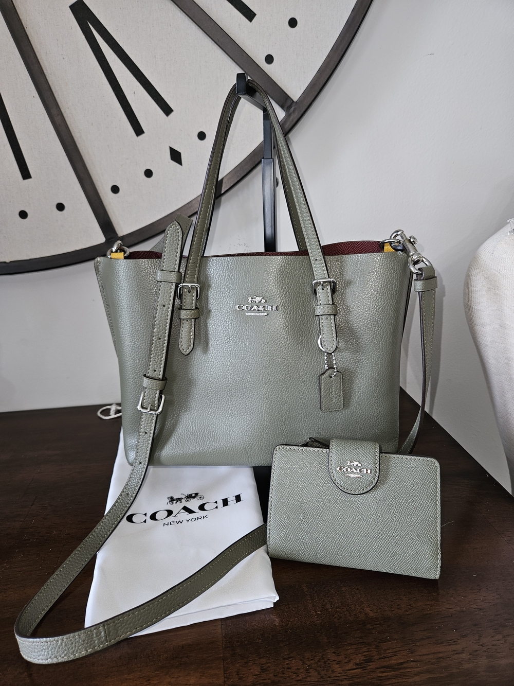 COACH Olive Green Leather Tote with Matching Wallet